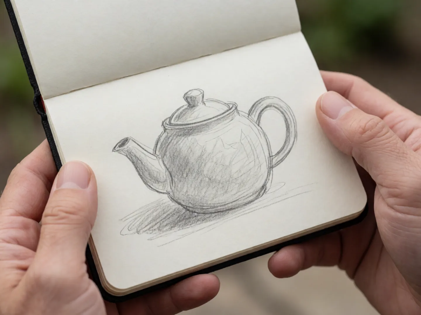 Hands holding an open sketchbook showing a simple pencil sketch of a teapot