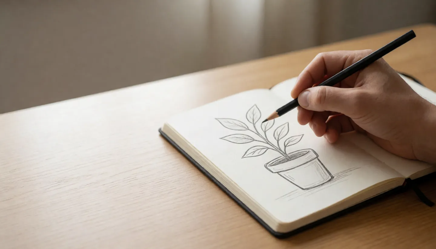 A hand pointing a pencil at a leaf in a simple drawing of a potted plant in an open sketchbook